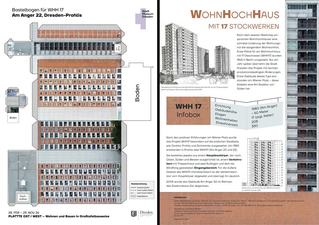 Bastelbogen für einen unsanierten Plattenbau des Typs WHH17 (Prohlis) und informative Rückseite, Stadtmuseum Dresden